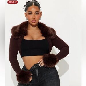 Faux Fur Trim Cropped Cardigan - Deep Brown